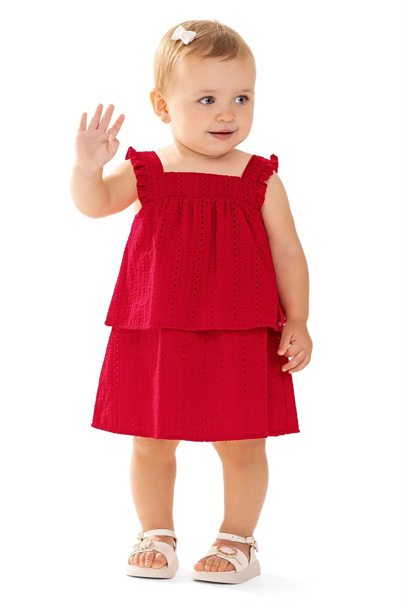 Bebê acenando com vestido vermelho de laise