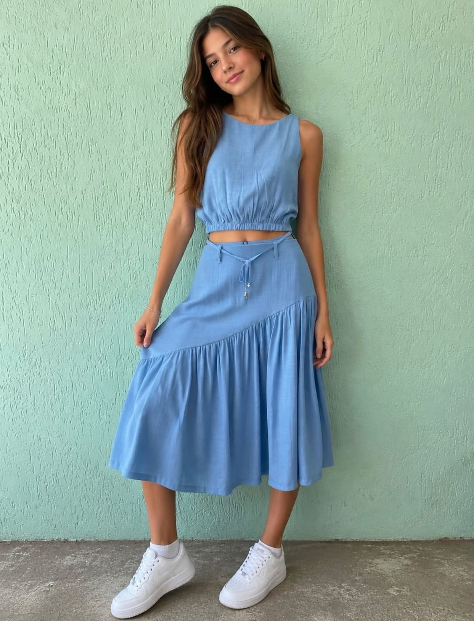 Adolescente usando conjunto azul claro de cropped e saia midi